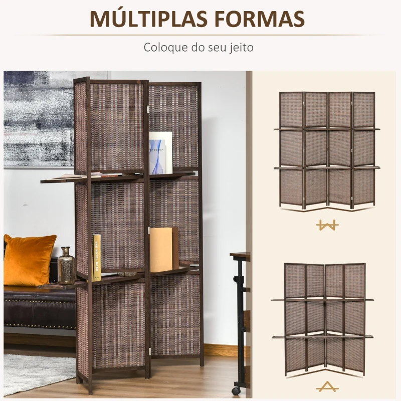 HOMCOM Biombo de 4 Painéis de Bambu Separador de Ambientes Dobrável com 2 Prateleiras Removíveis para Dormitório 180x180cm Marrom