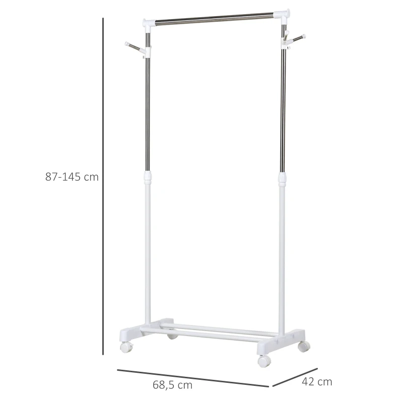 HOMCOM Charriot com Altura Ajustável Cabide com Rodas Portátil Prateleira Inferior Aço 68,5x42x87-145cm Branco e Prata