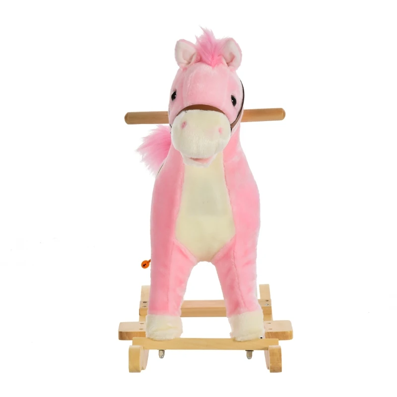 HOMCOM Cavalo Baloiço para Crianças Cavalo Baloiço de Pelúcia Suave com Música Relinchos Sons de Galope Boca e Cauda Móveis 65x32,5x61 cm Rosa