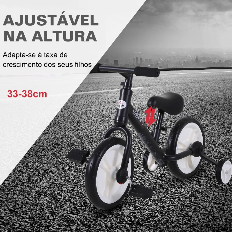 HOMCOM Bicicleta Balance com pedais e rodas removíveis para criança de 2-5 anos 85x36x54cm carga 25kg Cor preta