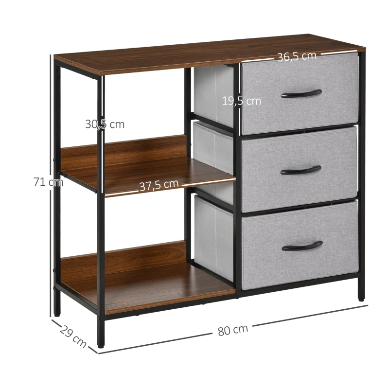 HOMCOM Cómoda de Estilo Industrial com Cestos de Tela Dobráveis e 2 Prateleiras para Dormitório Sala de Estar Corredor 80x29x71cm Nogueira e Cinza Claro