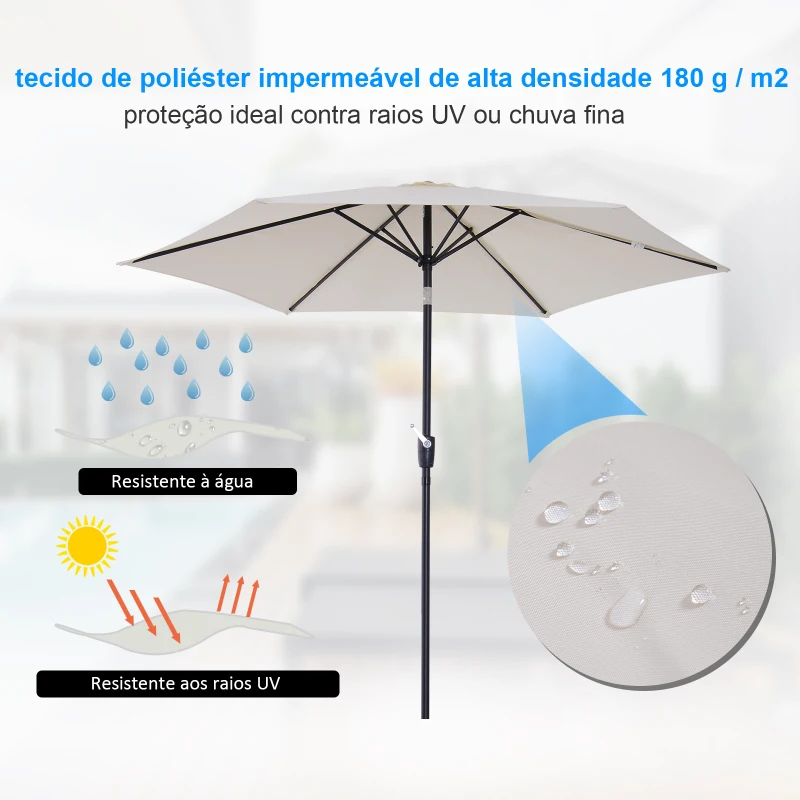 Outsunny Chapéu de Sol de Jardim Ø270x235cm Chapéu de Sol de Alumínio Reclinável com Manivela e 6 Hastes para Terraço Exterior Balcão Creme