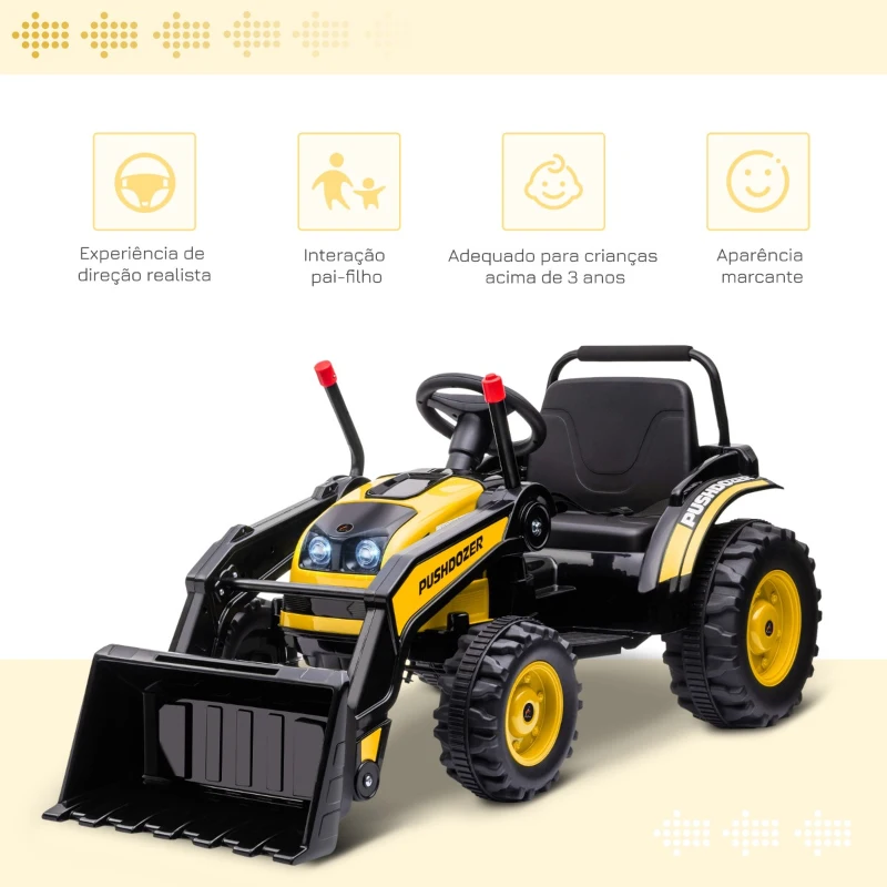 HOMCOM Trator Escavadora Elétrica para Crianças acima de 3 Anos Veículo Infantil com Pá Bateria 6V Música e Luzes 132x62x65 cm Preto e Amarelo
