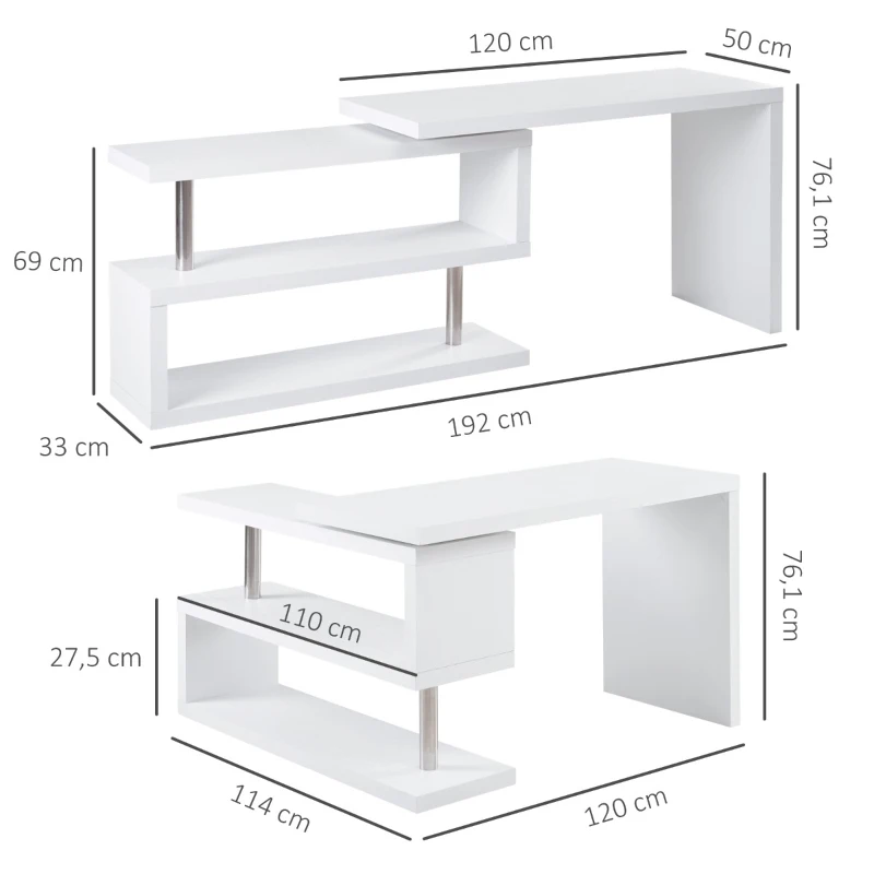 HOMCOM Secretária de Canto Giratória 360º Secretária em Forma de L com Prateleiras para Escritório Casa 114x120x76,1cm Branco