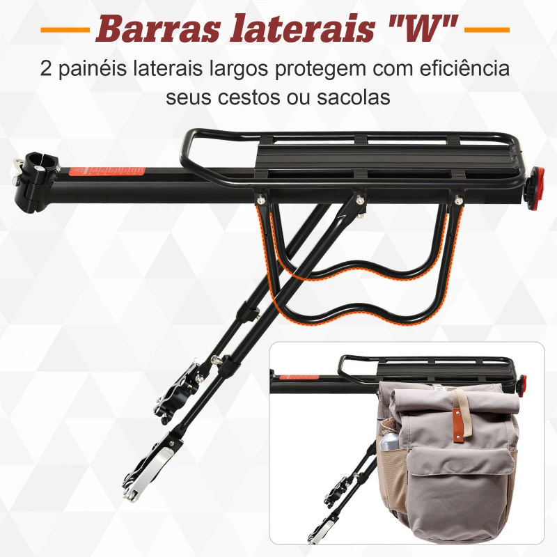 HOMCOM Suporte de Bagagem Traseiro para Bicicleta com Refletor Vermelho para Malas com Carga Máxima de Revestimento Inoxidável 25 kg 58x39x14,5 cm Preto