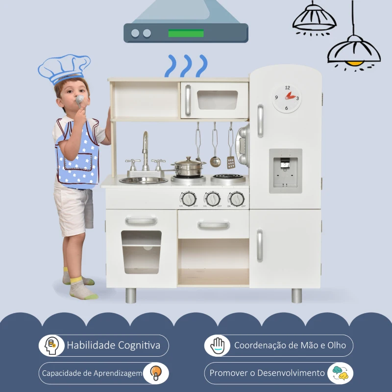 HOMCOM conjunto de brinquedo de cozinha para crianças acima de 3 anos inclui acessorios  74x30x81cm Branco
