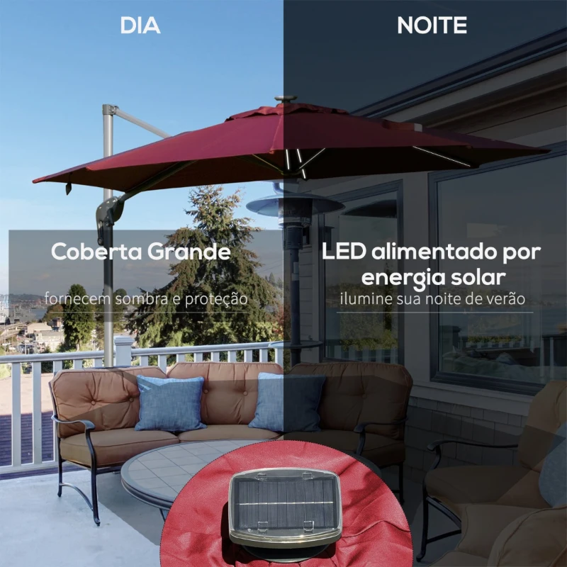 Outsunny Chapéu de Sol Excêntrico Φ300x248cm com Proteção UV 50+ Giratório 360º com Manivela Luzes LED Painel Solar e Teto Reclinável Vinho