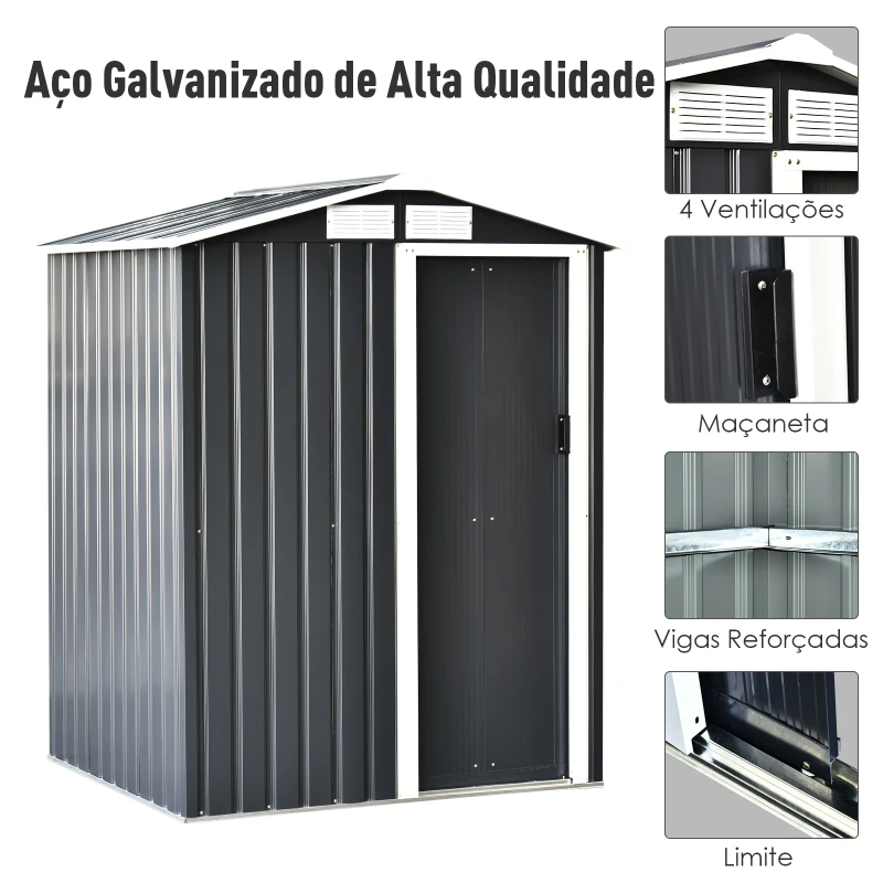 Outsunny Abrigo de Jardim 150x130x186 cm Abrigo de Exterior de Aço Galvanizado com Porta Corredeira e Ventilações para Armazenamento de Ferramentas Cinza