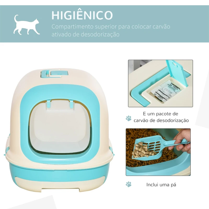 PawHut Caixa de Areia para Gatos com Alça de Transporte Duplo Fundo Bandeja Removível Pá e Filtro de Carvão Ativo 63x43x43cm Bege e Verde