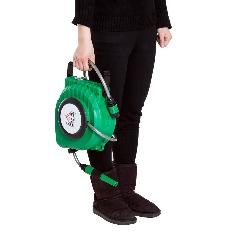 Outsunny Suporte para Mangueira  Porta-mangueira 9m Roll-up Automático Giratório 180°com Pistola de Pulverização Base de Parede Jardim