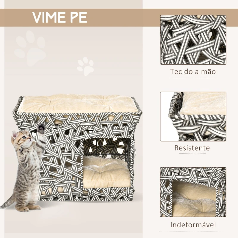 PawHut Cesta de Vime para Gatos de 2 Níveis Cama Caverna de Gatos com 2 Almofadas Suaves Estrutura de Metal 51x42x37cm Cinza e Bege