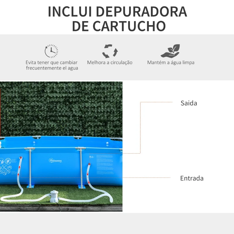 Outsunny Piscina Desmontável Tubular 252x152x65cm com Depuradora de Cartucho Piscina Retangular de Exterior para Adultos e Crianças 2.163L Azul