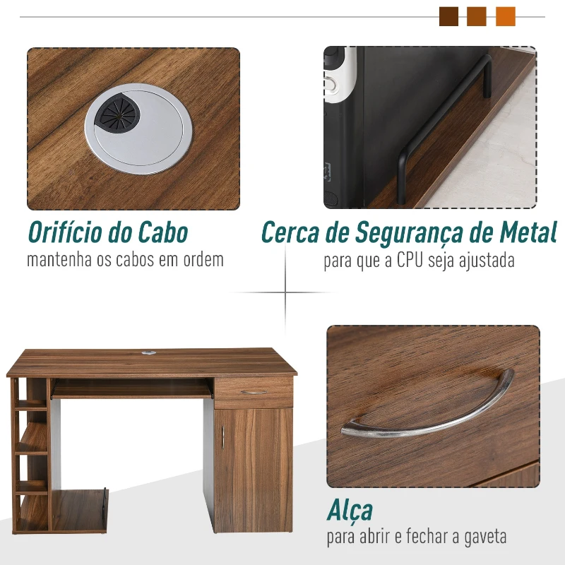 HOMCOM Secretária para escritório com prateleiras de armazenamento gaveta bandeja do teclado 120x 60x 74cm Cor de noz