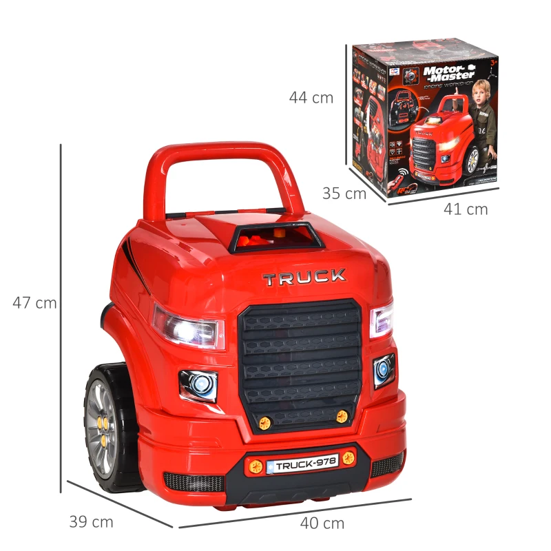 HOMCOM Motor de Caminhão para Crianças acima de 3 Anos Conjunto de Motor de Brinquedo com 61 Peças Volante Buzina Faróis Caixa de Armazenamento e Rodas 40x39x47cm Vermelho