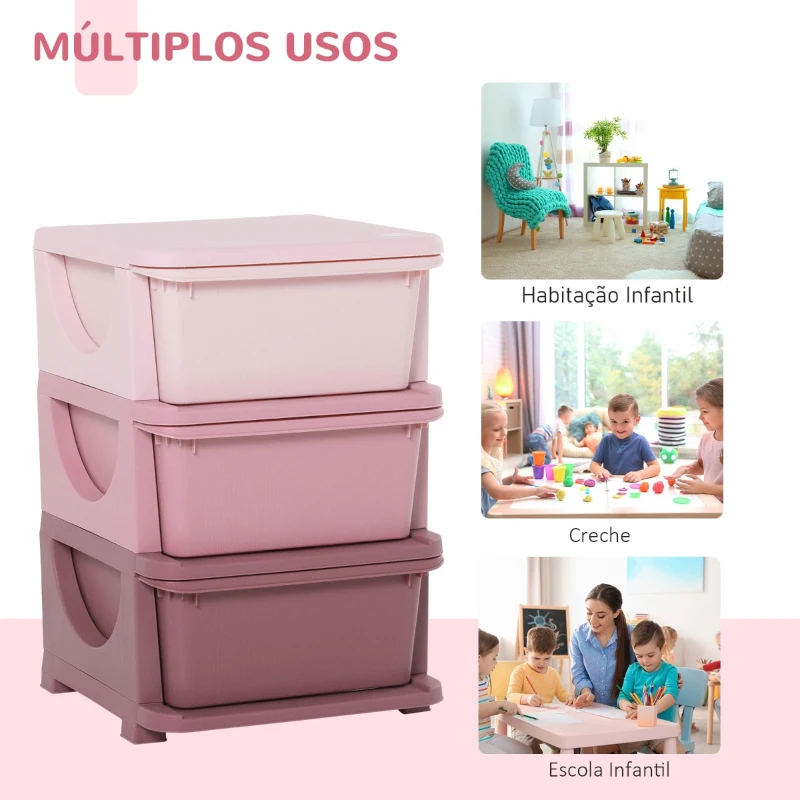 HOMCOM organizador de brinquedos Infantil para crianças acima de 3 anos com 3 Gavetas e Alças amplo espaço de armazenamento para Brinquedos Roupas Livros 37x37x56,5 cm Rosa