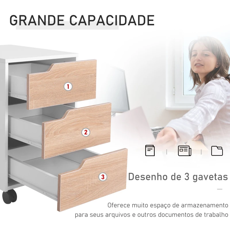 HOMCOM Bloco de Gavetas para Escritório Móvel de Escritório Bloco de Gavetas com 3 Gavetas e 4 Rodas 40x50x57,5 cm Madeira e Branco