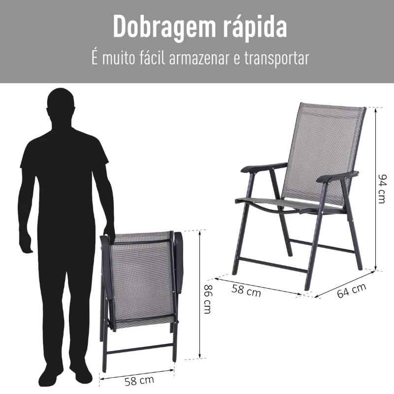 Outsunny Conjunto de 2 cadeiras dobráveis Com apoio de braços para varanda Jardim Terraço Carga 100kg 58x64x94 cm Cinza