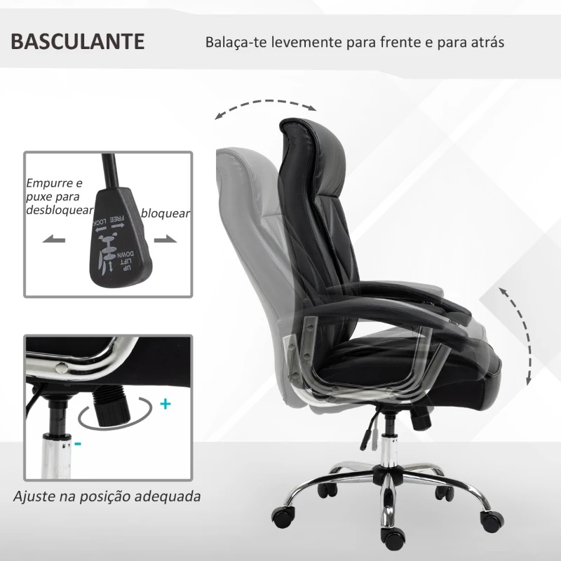 Vinsetto Cadeira de Escritório Ergonômica Giratória e Basculante com Altura Ajustável Encosto Alto e Apoio para a cabeça Acolchoado Pele Sintética 66x69x113-121cm Preto