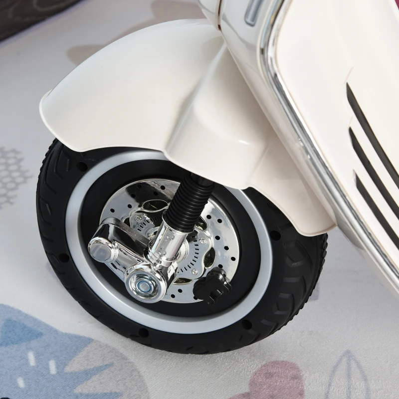 HOMCOM Mota Elétrica Vespa com Faróis Música 2 Rodas Auxiliares para Crianças acima de 3 Anos 108x49x75 cm Branco