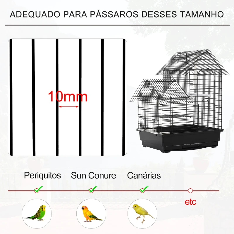 PawHut Gaiola metálica para pássaros com alimentadores ganchos giratórios e bandeja removível  39x34x47 cm Preto