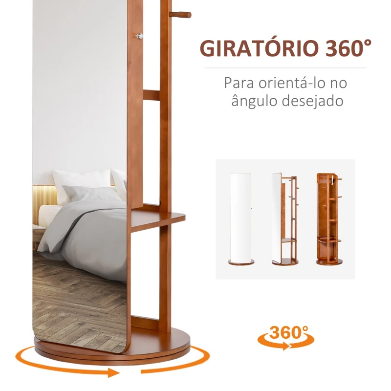 HOMCOM Armário Joalheiro Giratório com Espelho de Corpo Inteiro e Cabide 3 em 1 Organizador de Jóias Oculto com Prateleiras Ganchos e Base Redonda Madeira Ø50x169cm Nogueira