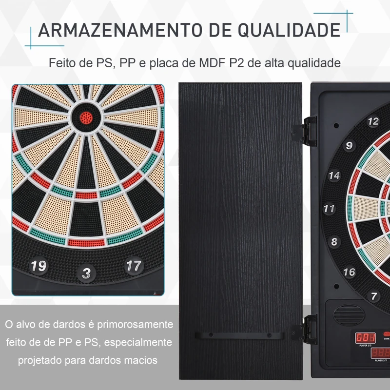 HOMCOM Alvo eletrônico digital para até 8 jogadores com 12 dardos e 30 pontas com portas de tela de LED 27 jogos diferentes 51x6,5x57 cm Preto