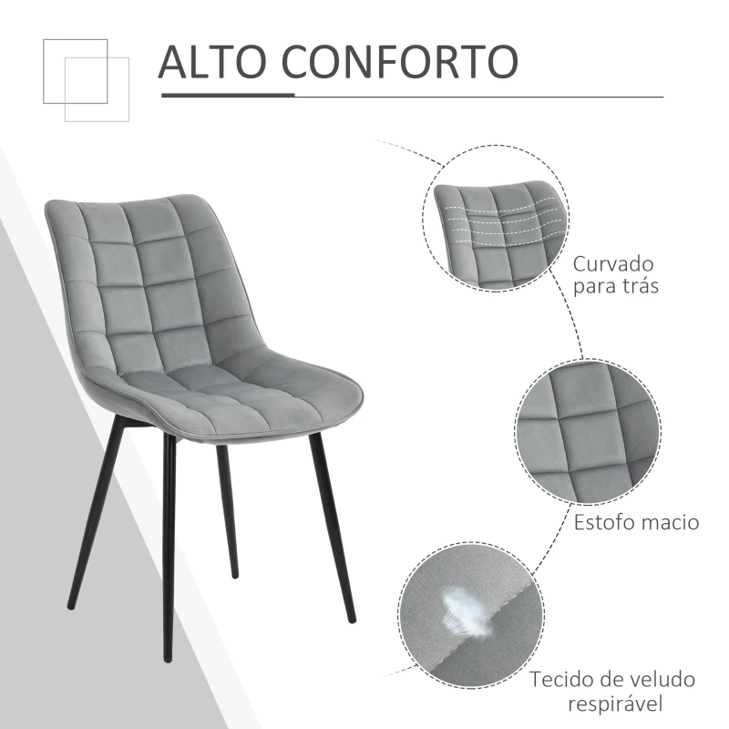 HOMCOM Conjunto de 2 cadeiras de jantar estofadas de veludo acolchoadas com pernas de metal estilo nórdico e vintage 46x58,5x85,5 cm cinza