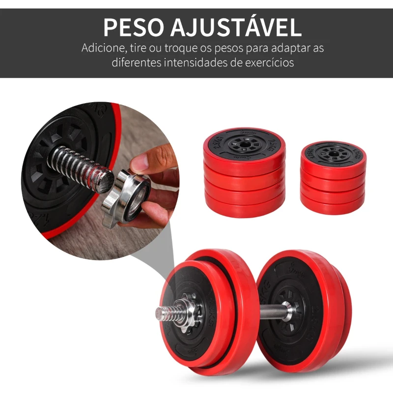 HOMCOM Conjunto de Halteres 20kg Ajustáveis 2 em 1 com 8 Discos 2 Barras e Extensor Ajustável para Treinamento de Força Levantamento de Pesos para Casa Academia Preto e Vermelho