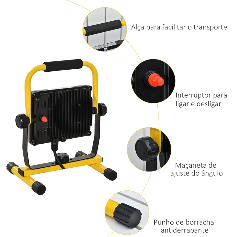 HOMCOM Foco de Trabalho LED 50W Luz de Trabalho Portátil 360° Giratório Impermeável IP65 Iluminação 5000-6000 Lúmens e 5000K Branco para Oficina Garagem Acampamento 27x19x32cm Amarelo Preto