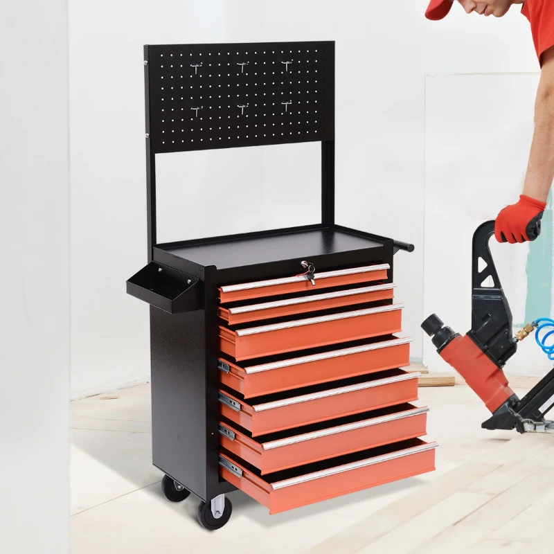 HomCom® Carro de Ferramentas Oficina Móvel 7 Gavetas 1 Fechadura 2 Chaves 4 Rodas – Cor Preto