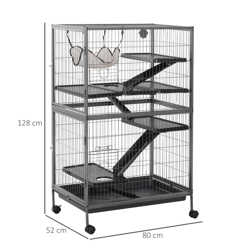 PawHut Gaiola grande para Roedores 80x52x128 cm Casa de 4 Alturas com Rampas Suspensa Rede Bandeja Removível Rodas Portas Cinza Prateado