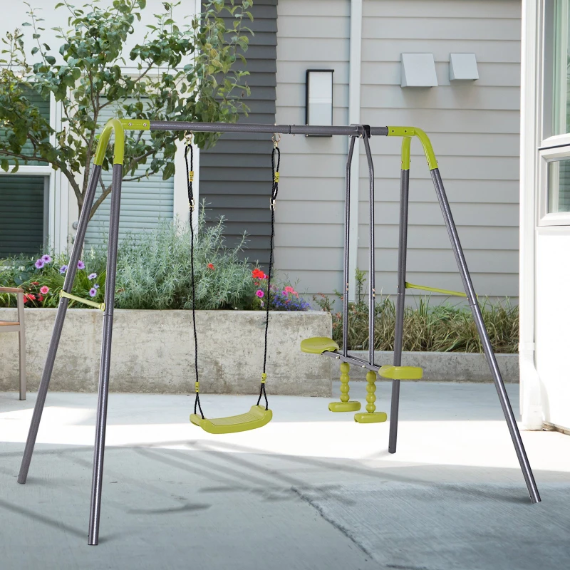 HOMCOM Conjunto de Baloiço Infantil ao Ar Livre com Balanço e Planador Baloiço de Jardim para Crianças acima de 3 anos 245x138x180cm Cinza e Verde