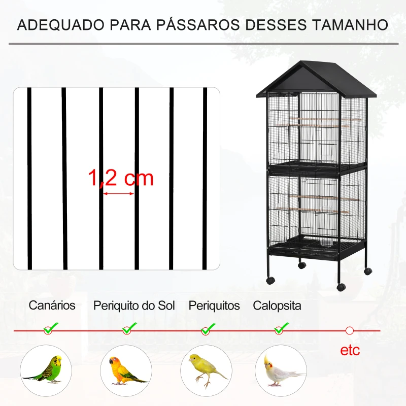 PawHut Grande gaiola de pássaros de 2 andares com rodas 8 alimentadores 4 poleiros e bandejas removíveis 71,5x72x170 cm Preto