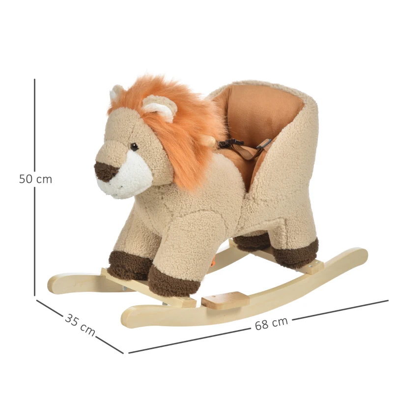 HOMCOM Baloiço Infantil em Forma de Leão de Pelúcia para Bebés 18-39 Meses com Som Cinto de Segurança Guidão Apoio para os Pés 68x35x50cm Marrom