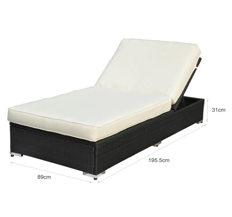 Outsunny Espreguiçadeira de vime preto creme Alumínio 1 espreguiçadeira Jardim + 1 Almofada 195x89x31 cm