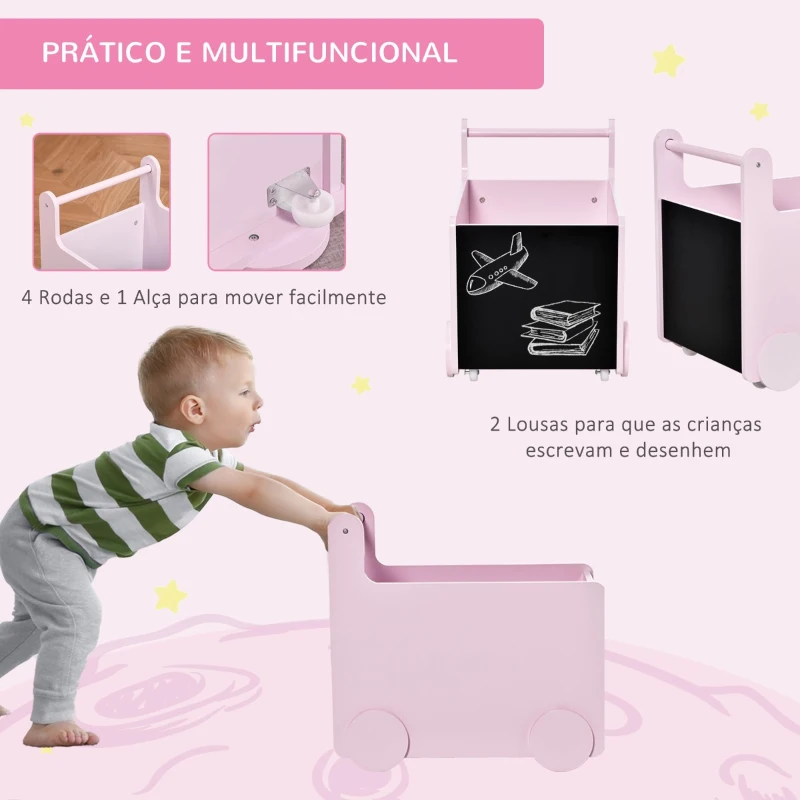 HOMCOM Caixa de Armazenamento de Brinquedos Infantil com Rodas Alça e 2 Lousas Baú de Armazenamento para Habitação de Crianças Escola Infantil Sala de Jogos 47x35x45,5cm Rosa