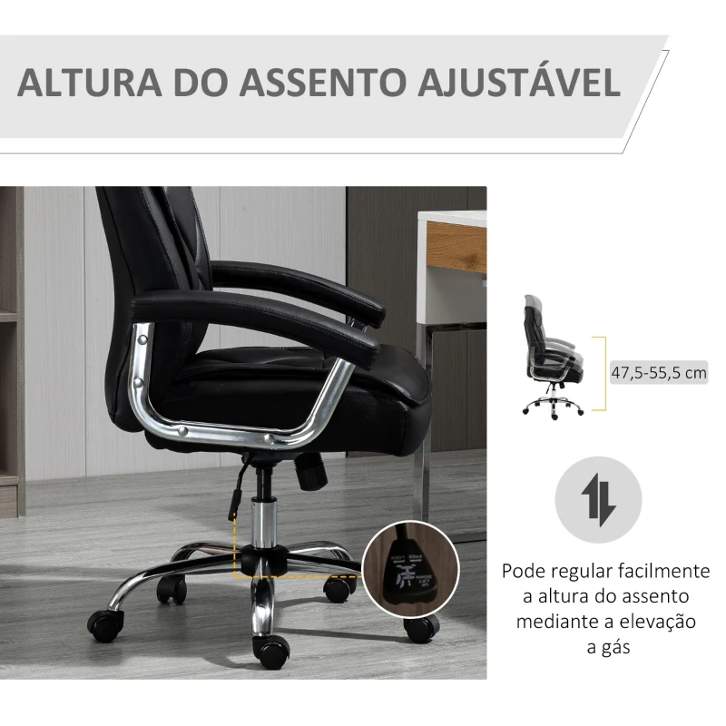 Vinsetto Cadeira de Escritório Ergonômica Giratória e Basculante com Altura Ajustável Encosto Alto e Apoio para a cabeça Acolchoado Pele Sintética 66x69x113-121cm Preto