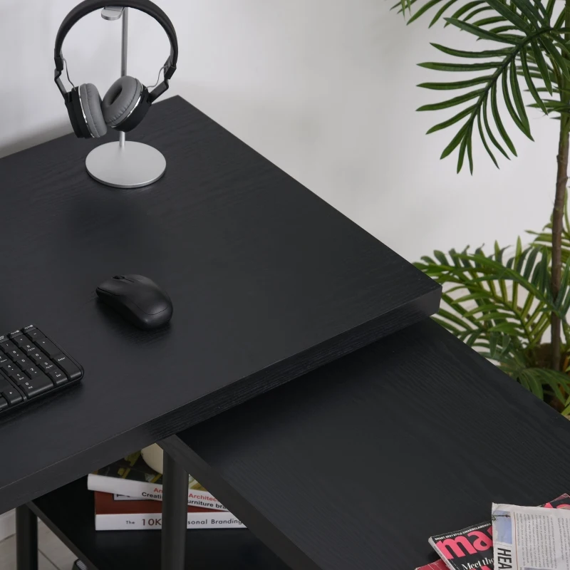 HOMCOM Secretária em Forma L Giratória 360 Graus com  Prateleiras e Grande Espaço de Armazenamento 220x55x79cm Preto