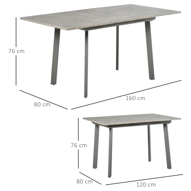 HOMCOM Mesa de Sala de Jantar Retangular Mesa de Cozinha Extensível para 4-6 Pessoas com Pés de Metal e Almofadas Ajustáveis 160x80x76cm Cinza