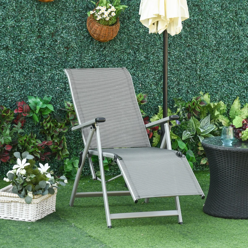 Outsunny Espreguiçadeira dobrável para jardim Cadeira ajustável de 10 posições com encosto alto e apoio para pés carga máx. 150 kg 78x58x110 cm Cinza