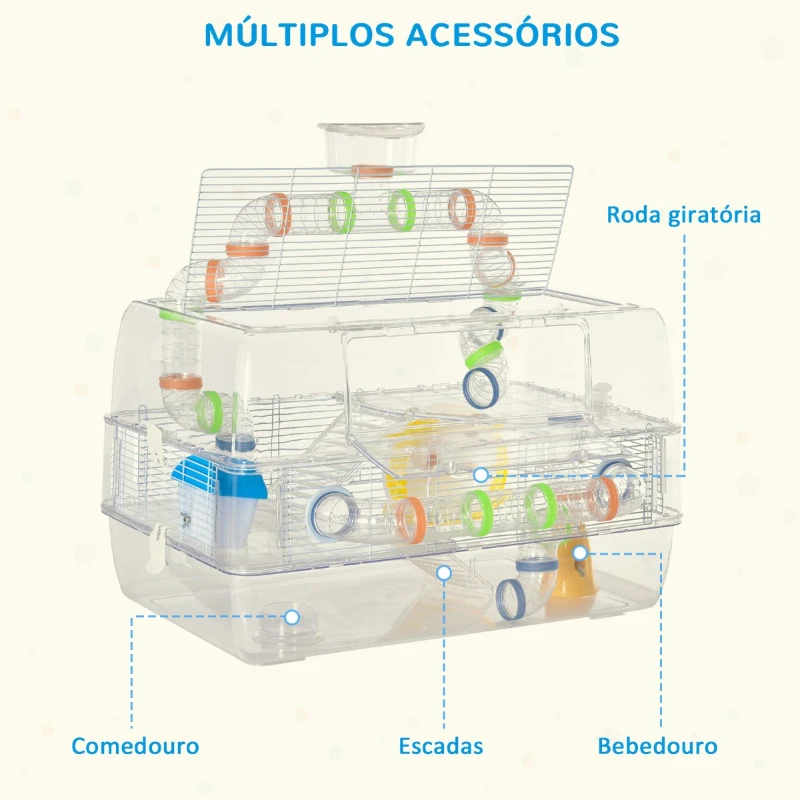 PawHut Gaiola para Hamster Gaiola para Roedores Pequenos de 3 Pisos com Escadas Comedouro Bebedouro Roda Tubos e Acessórios Incluidos 70x45x44cm Transparente