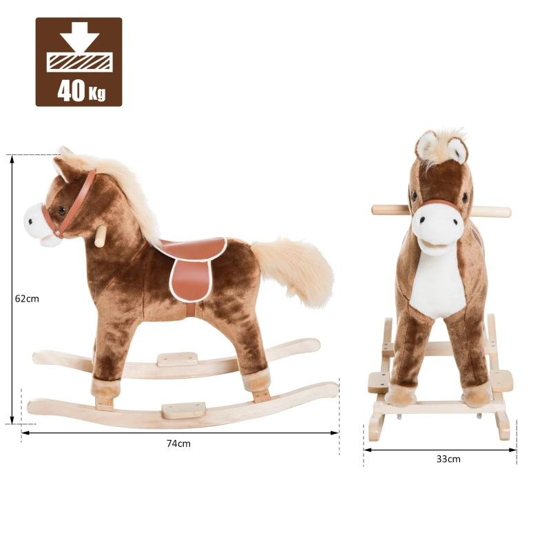 HOMCOM Brinquedo De Pelúcia Caballito  Gangorra de Cavalo Brinquedo de Baloiço de Madeira para Crianças +3 Anos 74x33x62cm
