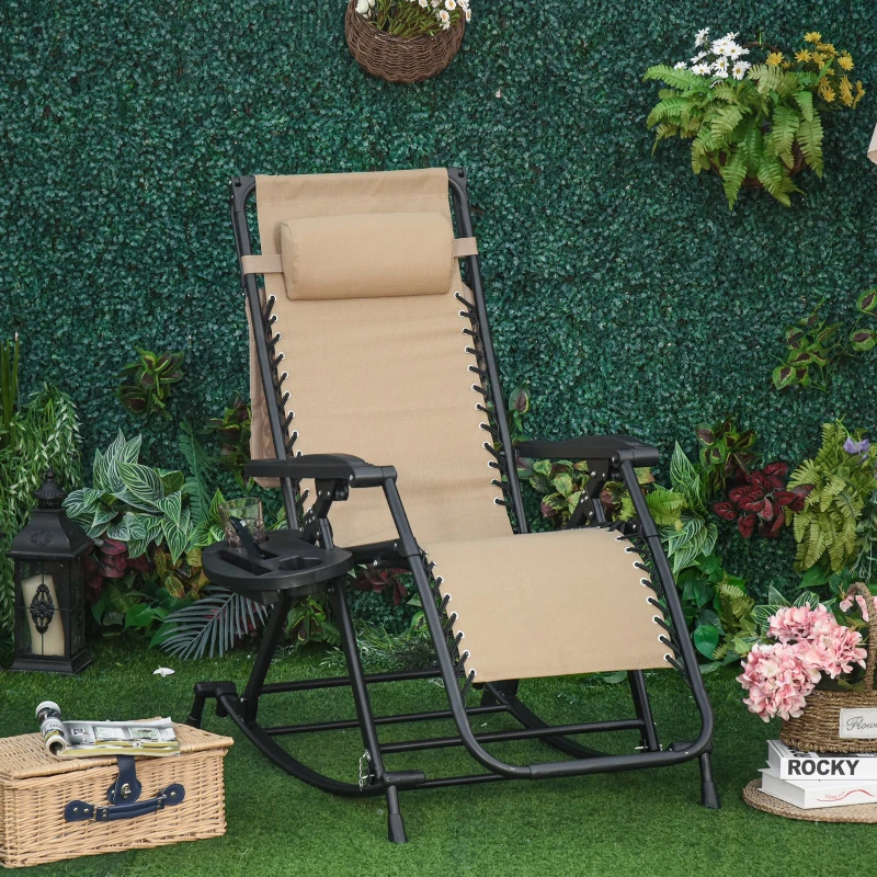 Outsunny Espreguiçadeira de balanço de jardim dobrável reclinável com toldo de proteção solar Estrutura de aço 120x67x102 cm Bege escuro