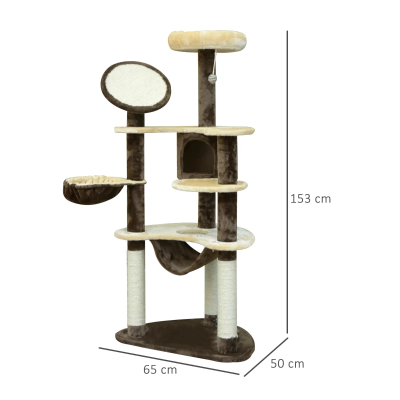 PawHut Árvore Arranhador para Gatos Grande Altura 153cm Torre de Escalada para Gatos com Caverna Redes Plataformas Postes Arranhadores de Sisal e Bola Suspensa Marrom e Bege