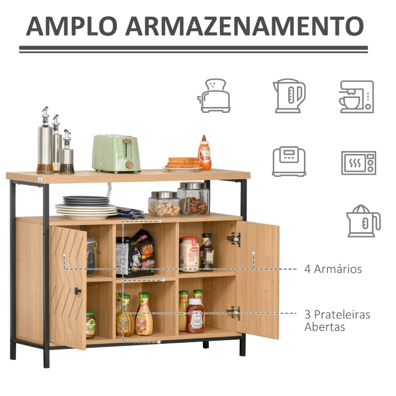 HOMCOM Aparador para Sala de Jantar e Cozinha com Estantes Abertas 2 Portas e Prateleiras Ajustáveis Estilo Moderno e Grande Armazenamento 100x35x80cm Carvalho