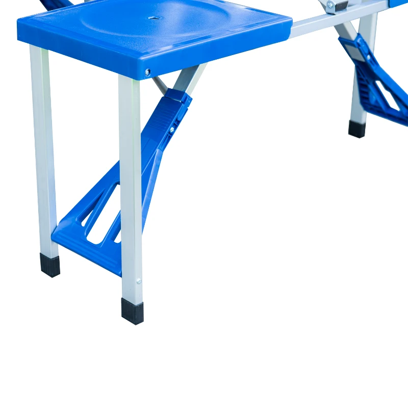 Outsunny Mesa de Acampamento Dobrável com 4 Cadeiras Conjunto para Acampamento com Orifício para Guarda Sol Estrutura de Alumínio 84.5x64.5x66cm Azul