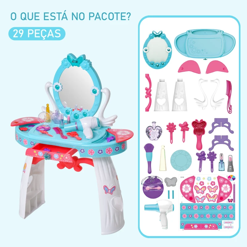 HOMCOM  Penteadeira com banquinho Função de música Luzes para crianças acima de 3 anos Inclui 29 peças penteadeira de brinquedo infantil 49,5x23,5x69,5 cm azul