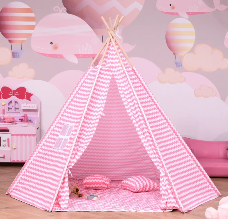 HOMCOM Tenda Infantil tipi estilo indiano com janela para cobrir o piso e 2 almofadas Bolsa de transporte 200x200x170 cm Rosa