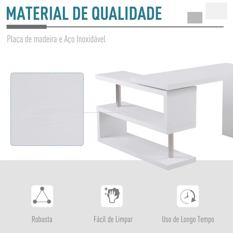 HOMCOM Secretária de Canto Giratória 360º Secretária em Forma de L com Prateleiras para Escritório Casa 114x120x76,1cm Branco