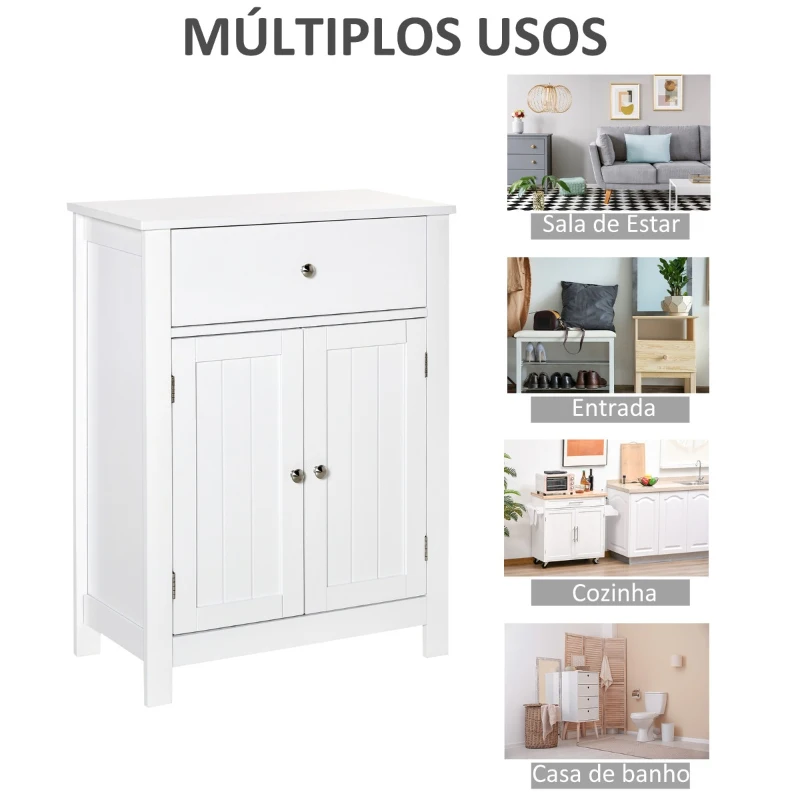Kleankin Armário de Casa de Banho com 1 Gaveta e Prateleira Interior Ajustável Móvel Auxiliar de Armazenamento Multifuncional para Sala de Estar Cozinha 60x30x80cm Branco